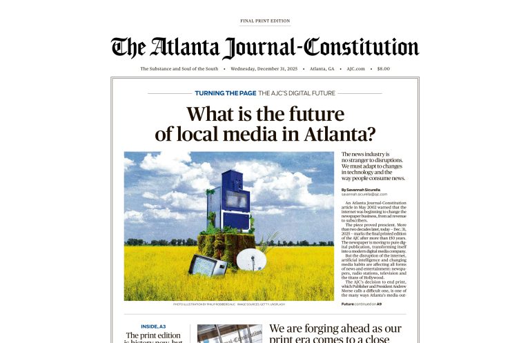 The top half of the front page of the print edition of the Atlanta Journal-Constitution, as published on Dec. 31, 2025.