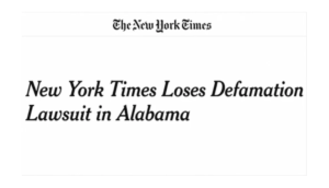 NYT headline is black text on white background, reading "New York Times Loses Defamation Lawsuit in Alabama"