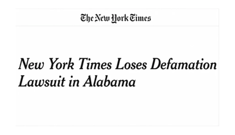 NYT headline is black text on white background, reading "New York Times Loses Defamation Lawsuit in Alabama"