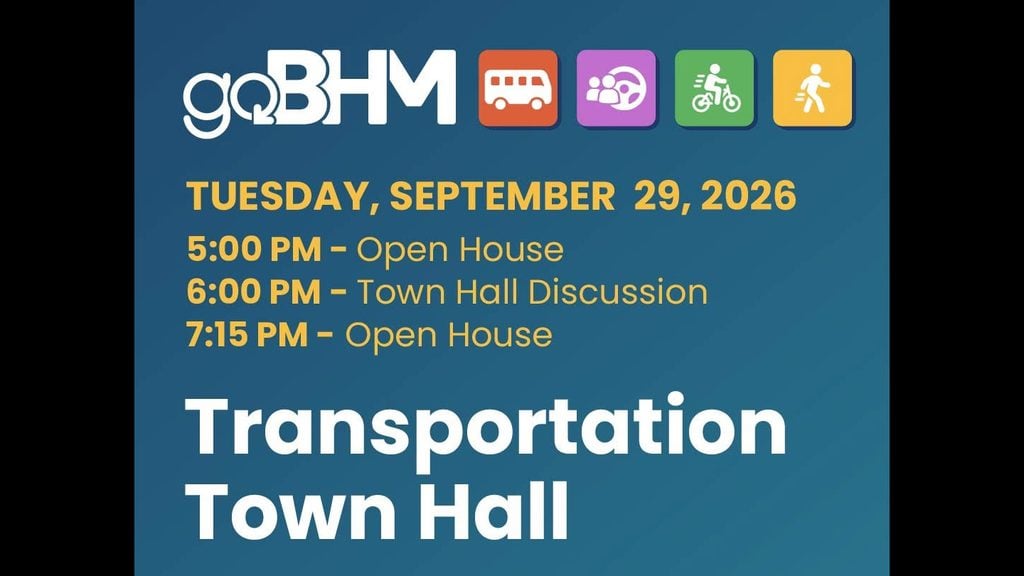 A graphic with "goBHM" written in white next to transportation related icons: a bus, one representing rideshare, a bicycle, and a person walking. It also includes the following text: Tuesday, September 29, 2026. 5 p.m. Open House, 6 p.m. Town Hall Discussion, 7:15 p.m. Open House.